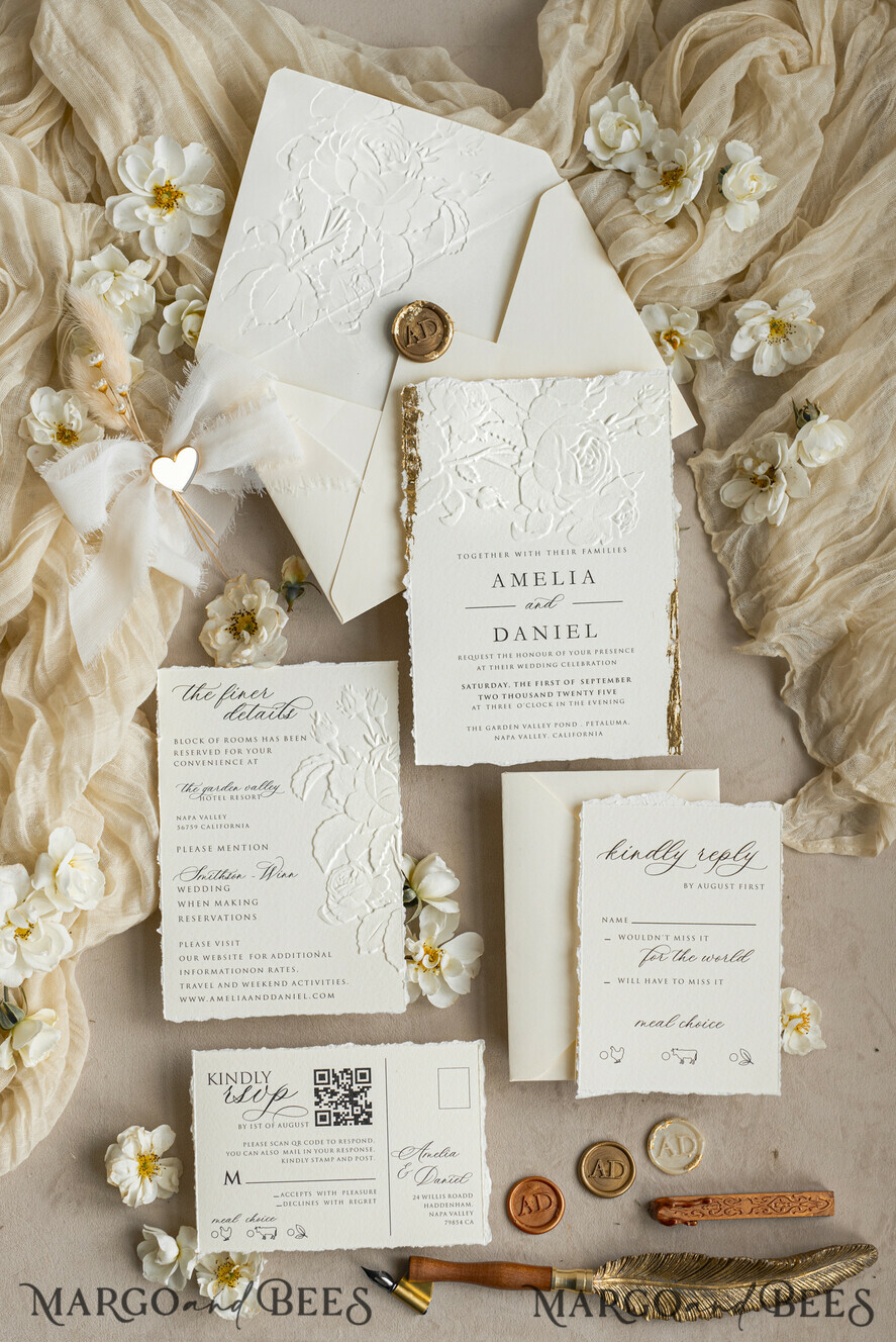 HOCHZEITS EINLADUNGEN geprägte Einladungen Feine Kunst geprägte Elfenbein-Gold-Hochzeitseinladung mit zerrissenem Chiffonband, goldgeprägte Rosenblüten-Hochzeitseinladung.
