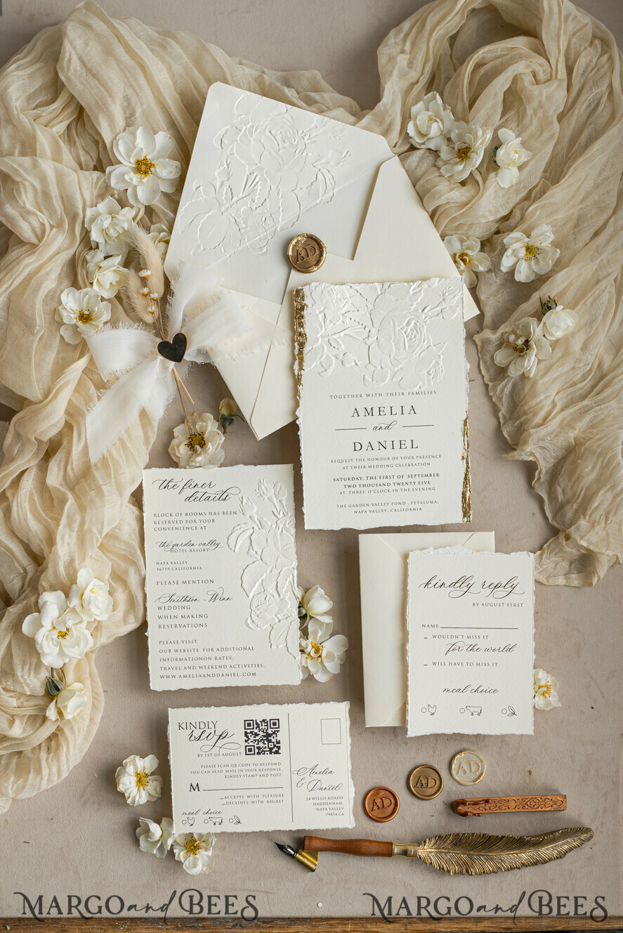 HOCHZEITS EINLADUNGEN geprägte Einladungen Feine Kunst geprägte Elfenbein-Gold-Hochzeitseinladung mit zerrissenem Chiffonband, goldgeprägte Rosenblüten-Hochzeitseinladung.
