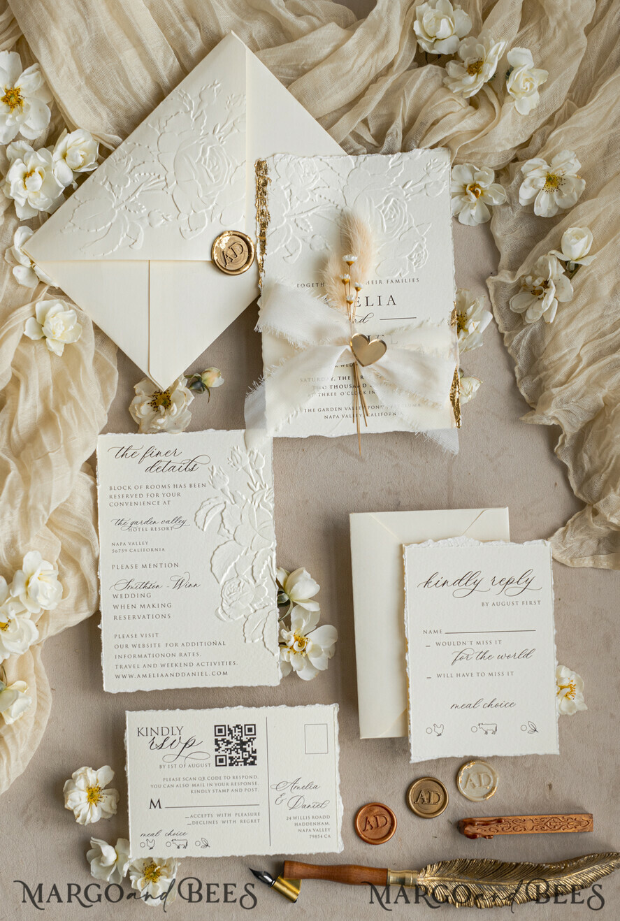 HOCHZEITS EINLADUNGEN geprägte Einladungen Feine Kunst geprägte Elfenbein-Gold-Hochzeitseinladung mit zerrissenem Chiffonband, goldgeprägte Rosenblüten-Hochzeitseinladung.