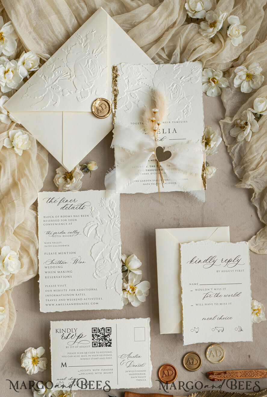 HOCHZEITS EINLADUNGEN geprägte Einladungen Feine Kunst geprägte Elfenbein-Gold-Hochzeitseinladung mit zerrissenem Chiffonband, goldgeprägte Rosenblüten-Hochzeitseinladung.