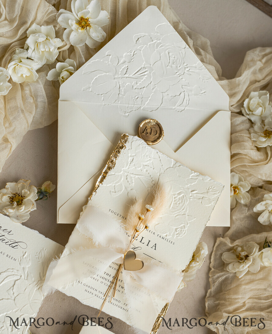 HOCHZEITS EINLADUNGEN geprägte Einladungen Feine Kunst geprägte Elfenbein-Gold-Hochzeitseinladung mit zerrissenem Chiffonband, goldgeprägte Rosenblüten-Hochzeitseinladung.