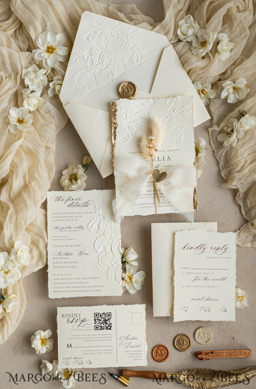 HOCHZEITS EINLADUNGEN geprägte Einladungen Feine Kunst geprägte Elfenbein-Gold-Hochzeitseinladung mit zerrissenem Chiffonband, goldgeprägte Rosenblüten-Hochzeitseinladung.