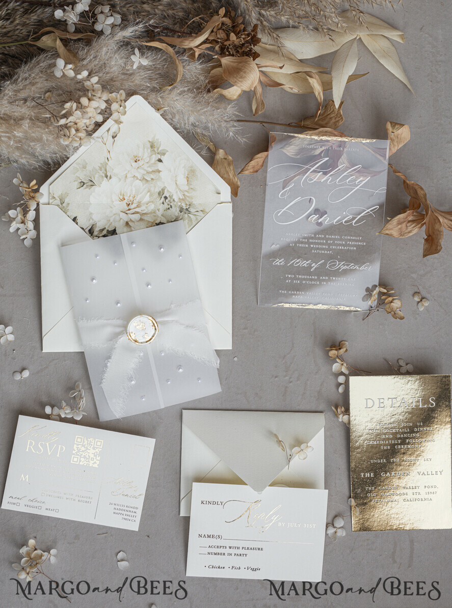 WEDDING INVITATIONS plexi acrylic mirror Ivory Beaded Wrapping Wedding Invitations, Elegant Clear Acrylic Wedding Cards, Plexi Transparent Wedding Invites, Wedding Invitation Suite with Pearls