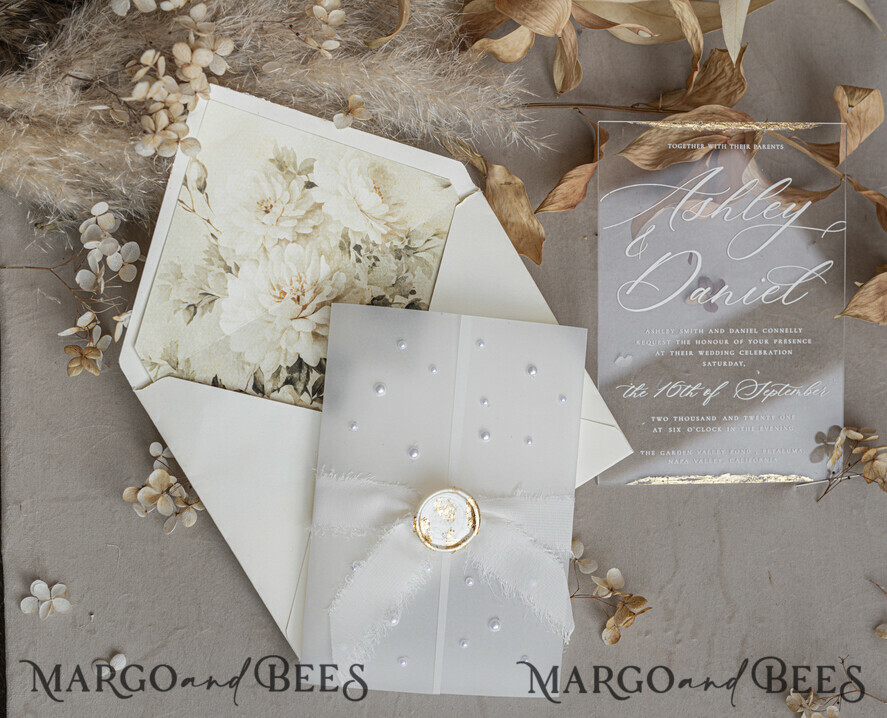 WEDDING INVITATIONS plexi acrylic mirror Ivory Beaded Wrapping Wedding Invitations, Elegant Clear Acrylic Wedding Cards, Plexi Transparent Wedding Invites, Wedding Invitation Suite with Pearls
