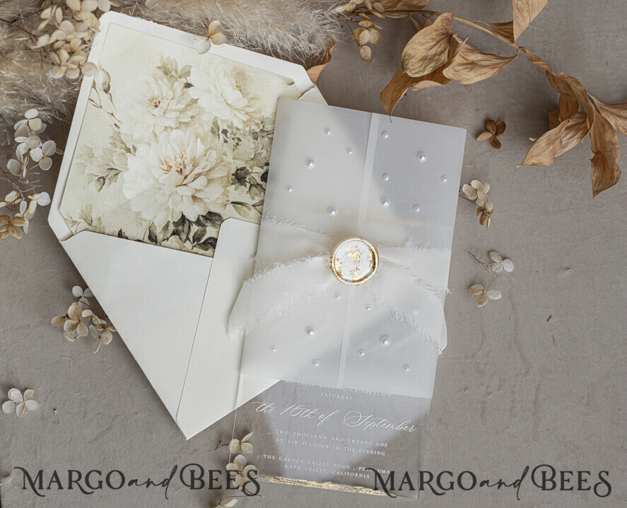 WEDDING INVITATIONS plexi acrylic mirror Ivory Beaded Wrapping Wedding Invitations, Elegant Clear Acrylic Wedding Cards, Plexi Transparent Wedding Invites, Wedding Invitation Suite with Pearls