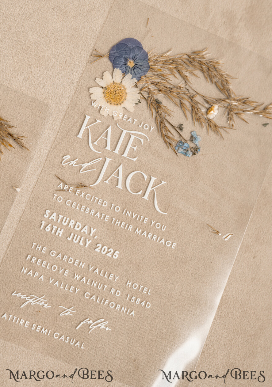 WEDDING INVITATIONS plexi acrylic mirror Dusty Blue  Clear real flowers Wedding Invitations, Elegant Garden  pampass gras Wedding Cards, Velvet  transparent  Wedding Invites,  Wedding Invitation Suite