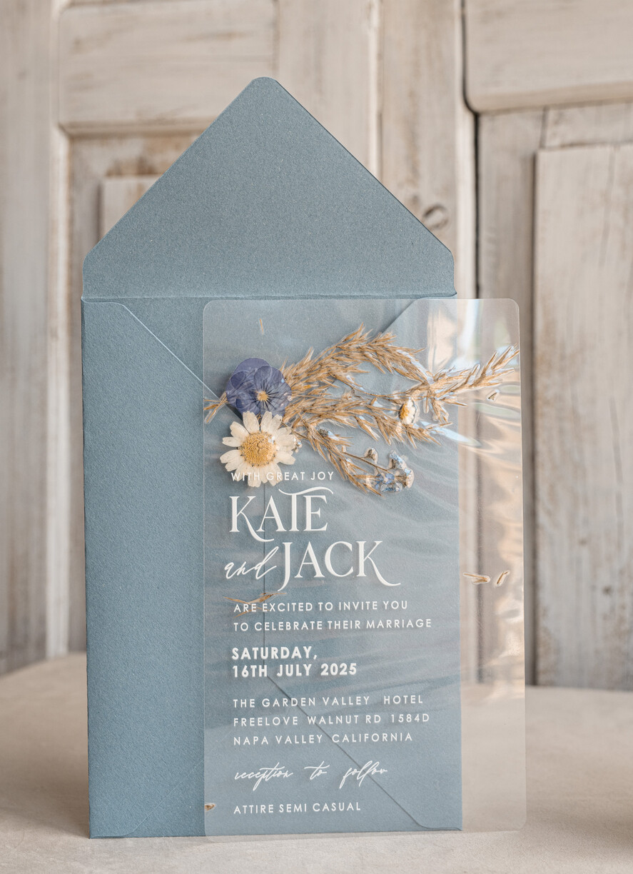 WEDDING INVITATIONS plexi acrylic mirror Dusty Blue  Clear real flowers Wedding Invitations, Elegant Garden  pampass gras Wedding Cards, Velvet  transparent  Wedding Invites,  Wedding Invitation Suite