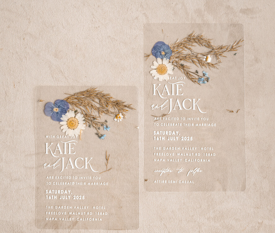 WEDDING INVITATIONS plexi acrylic mirror Dusty Blue  Clear real flowers Wedding Invitations, Elegant Garden  pampass gras Wedding Cards, Velvet  transparent  Wedding Invites,  Wedding Invitation Suite