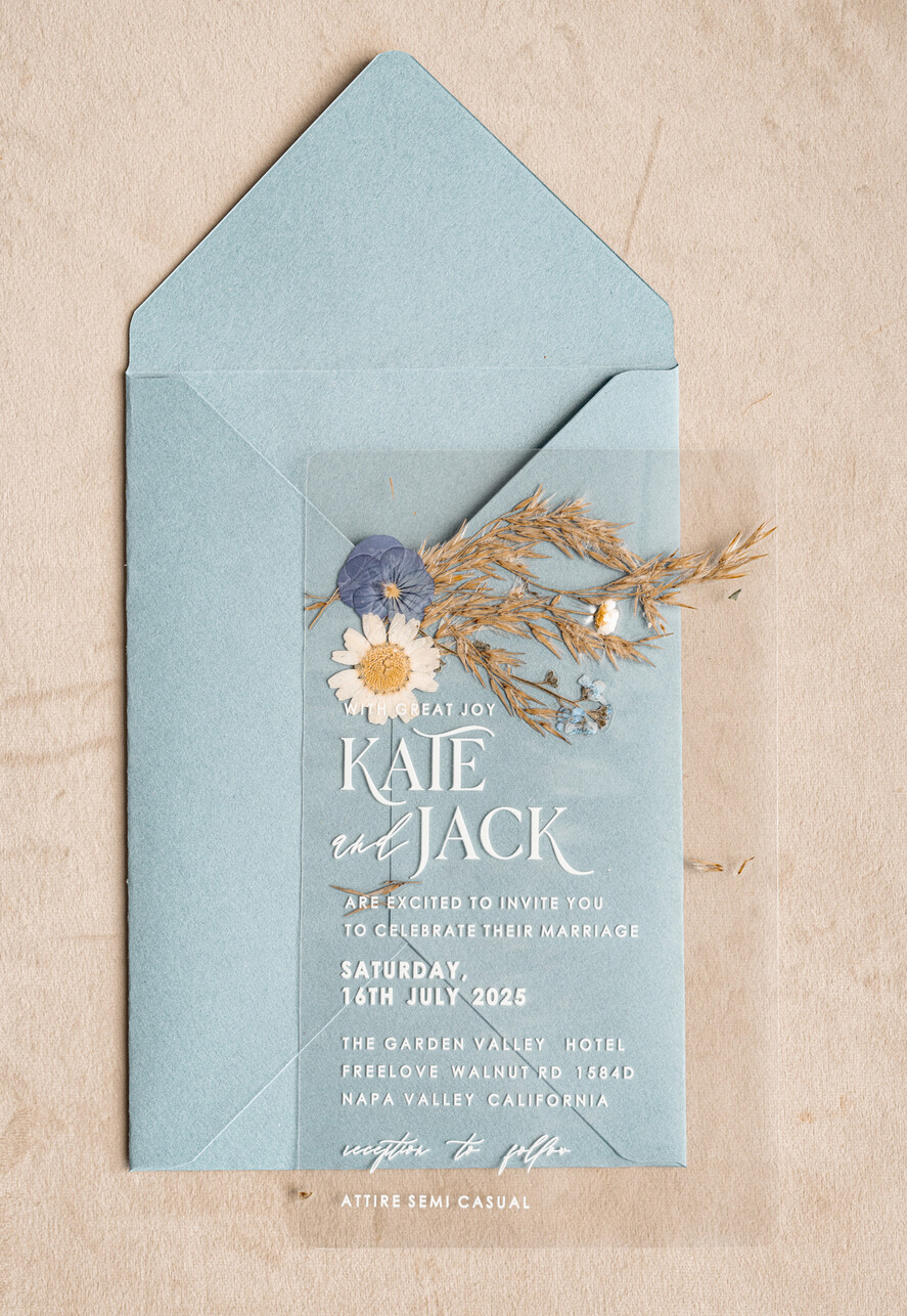 WEDDING INVITATIONS plexi acrylic mirror Dusty Blue  Clear real flowers Wedding Invitations, Elegant Garden  pampass gras Wedding Cards, Velvet  transparent  Wedding Invites,  Wedding Invitation Suite