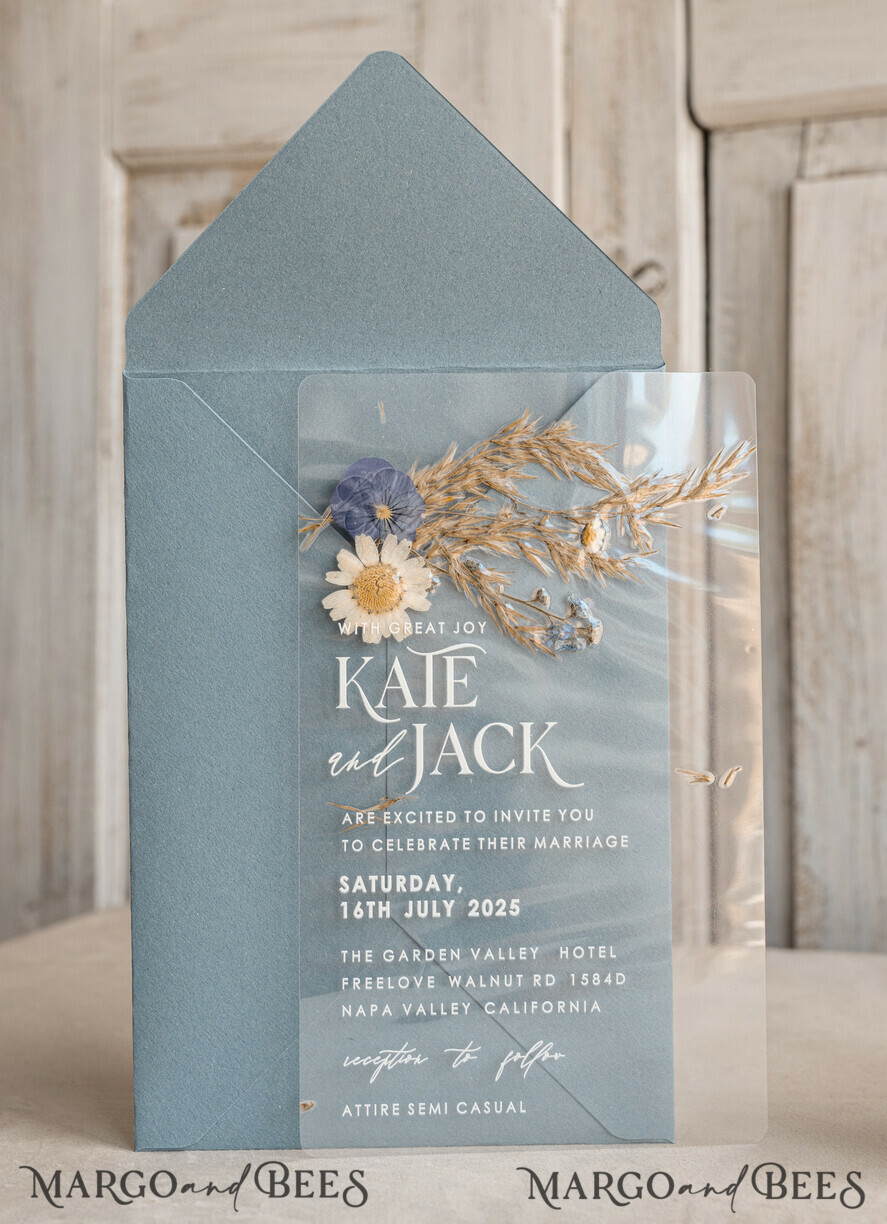 WEDDING INVITATIONS plexi acrylic mirror Dusty Blue  Clear real flowers Wedding Invitations, Elegant Garden  pampass gras Wedding Cards, Velvet  transparent  Wedding Invites,  Wedding Invitation Suite
