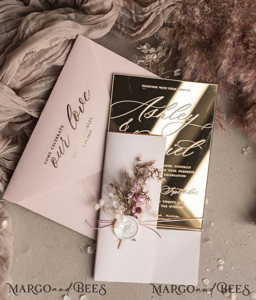 HOCHZEITS EINLADUNGEN Plexiglas Acrylspiegel Luxus Spiegel Gold Hochzeitseinladungen, Elegante Blush Pink Hochzeitseinladungen, Glamour Acryl Hochzeitseinladungen, Klare Plexi Hochzeitseinladung Suite