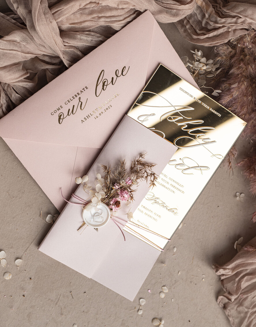 HOCHZEITS EINLADUNGEN Plexiglas Acrylspiegel Luxus Spiegel Gold Hochzeitseinladungen, Elegante Blush Pink Hochzeitseinladungen, Glamour Acryl Hochzeitseinladungen, Klare Plexi Hochzeitseinladung Suite