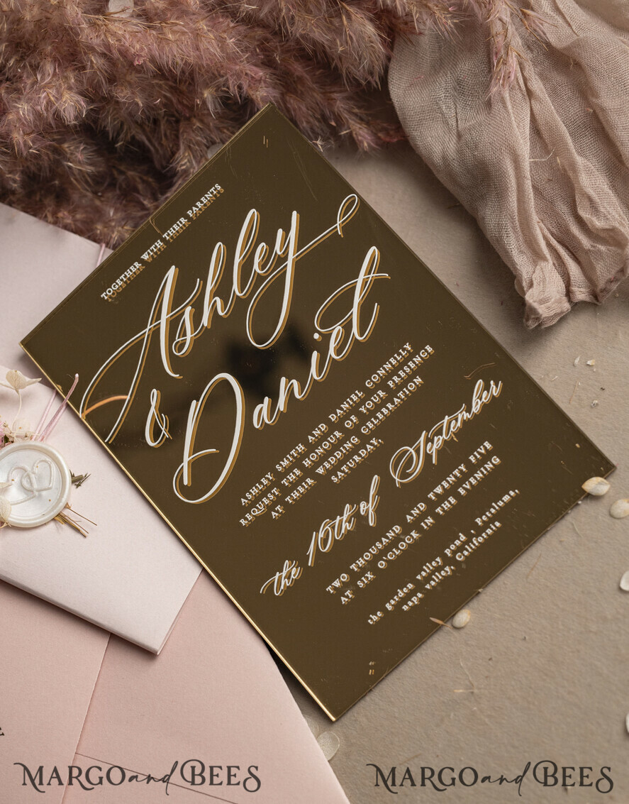 HOCHZEITS EINLADUNGEN Plexiglas Acrylspiegel Luxus Spiegel Gold Hochzeitseinladungen, Elegante Blush Pink Hochzeitseinladungen, Glamour Acryl Hochzeitseinladungen, Klare Plexi Hochzeitseinladung Suite
