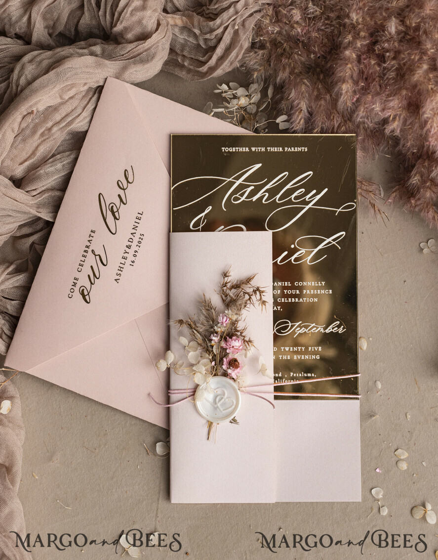 HOCHZEITS EINLADUNGEN Plexiglas Acrylspiegel Luxus Spiegel Gold Hochzeitseinladungen, Elegante Blush Pink Hochzeitseinladungen, Glamour Acryl Hochzeitseinladungen, Klare Plexi Hochzeitseinladung Suite