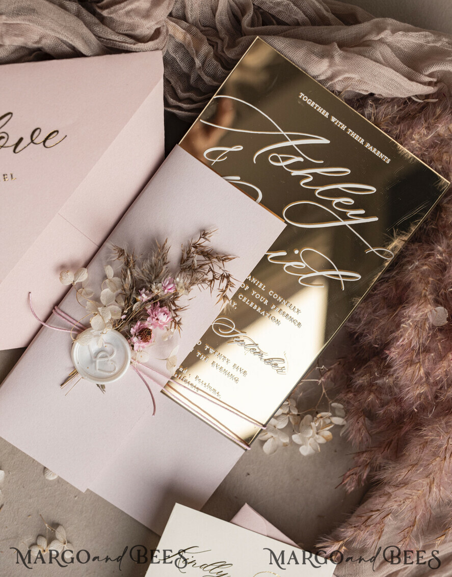 HOCHZEITS EINLADUNGEN Plexiglas Acrylspiegel Luxus Spiegel Gold Hochzeitseinladungen, Elegante Blush Pink Hochzeitseinladungen, Glamour Acryl Hochzeitseinladungen, Klare Plexi Hochzeitseinladung Suite