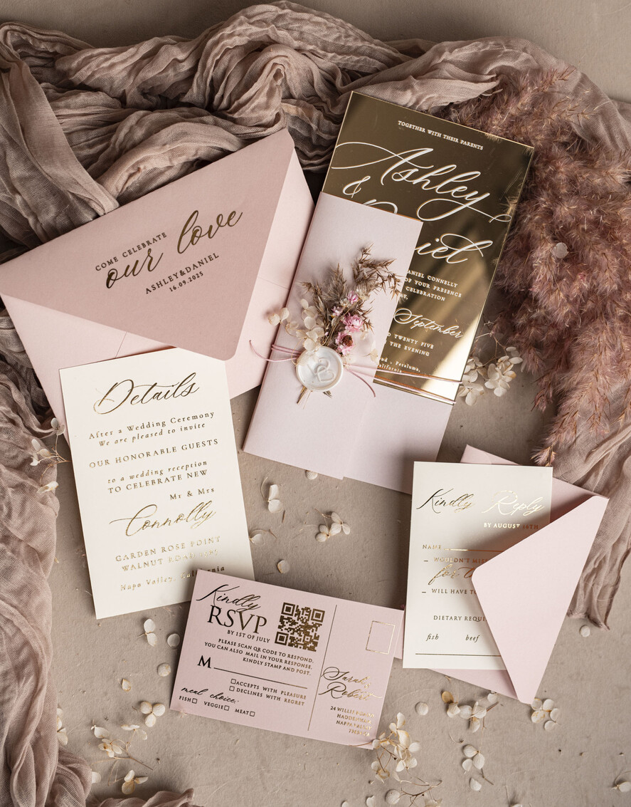 HOCHZEITS EINLADUNGEN Plexiglas Acrylspiegel Luxus Spiegel Gold Hochzeitseinladungen, Elegante Blush Pink Hochzeitseinladungen, Glamour Acryl Hochzeitseinladungen, Klare Plexi Hochzeitseinladung Suite