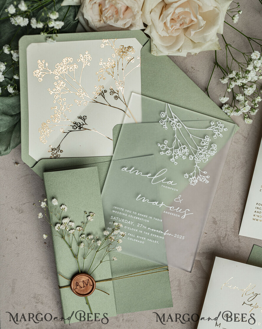 WEDDING INVITATIONS plexi acrylic mirror Sage Green Frozen Transparent Baby Breath Wedding Invitations, Elegant Garden Gypsophila Wedding Cards, Greenery Acrylic  Wedding Invites, Frosted Plexi Wedding Invitation Suite