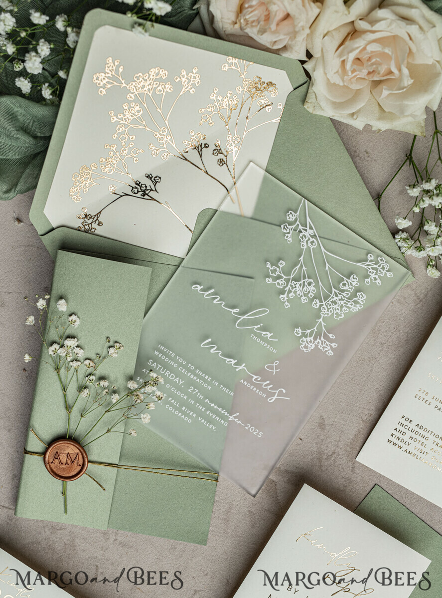 WEDDING INVITATIONS plexi acrylic mirror Sage Green Frozen Transparent Baby Breath Wedding Invitations, Elegant Garden Gypsophila Wedding Cards, Greenery Acrylic  Wedding Invites, Frosted Plexi Wedding Invitation Suite