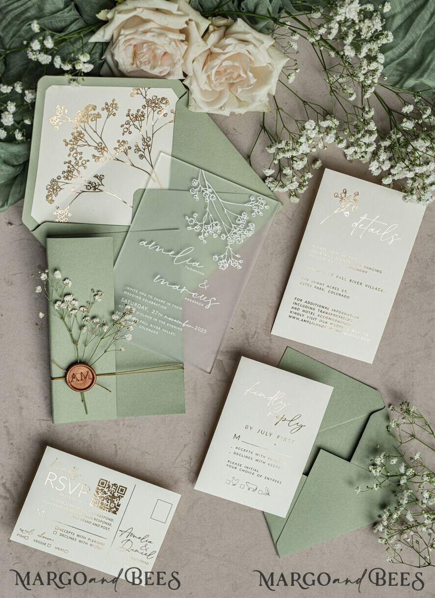 WEDDING INVITATIONS plexi acrylic mirror Sage Green Frozen Transparent Baby Breath Wedding Invitations, Elegant Garden Gypsophila Wedding Cards, Greenery Acrylic  Wedding Invites, Frosted Plexi Wedding Invitation Suite