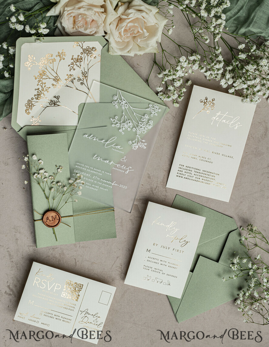 WEDDING INVITATIONS plexi acrylic mirror Sage Green Frozen Transparent Baby Breath Wedding Invitations, Elegant Garden Gypsophila Wedding Cards, Greenery Acrylic  Wedding Invites, Frosted Plexi Wedding Invitation Suite
