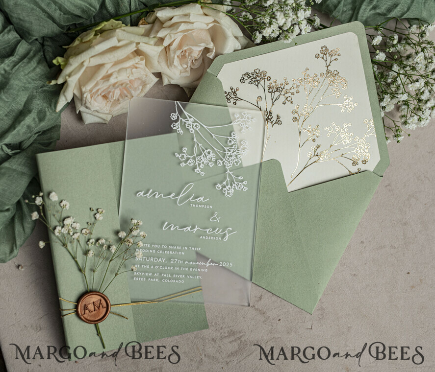 WEDDING INVITATIONS plexi acrylic mirror Sage Green Frozen Transparent Baby Breath Wedding Invitations, Elegant Garden Gypsophila Wedding Cards, Greenery Acrylic  Wedding Invites, Frosted Plexi Wedding Invitation Suite