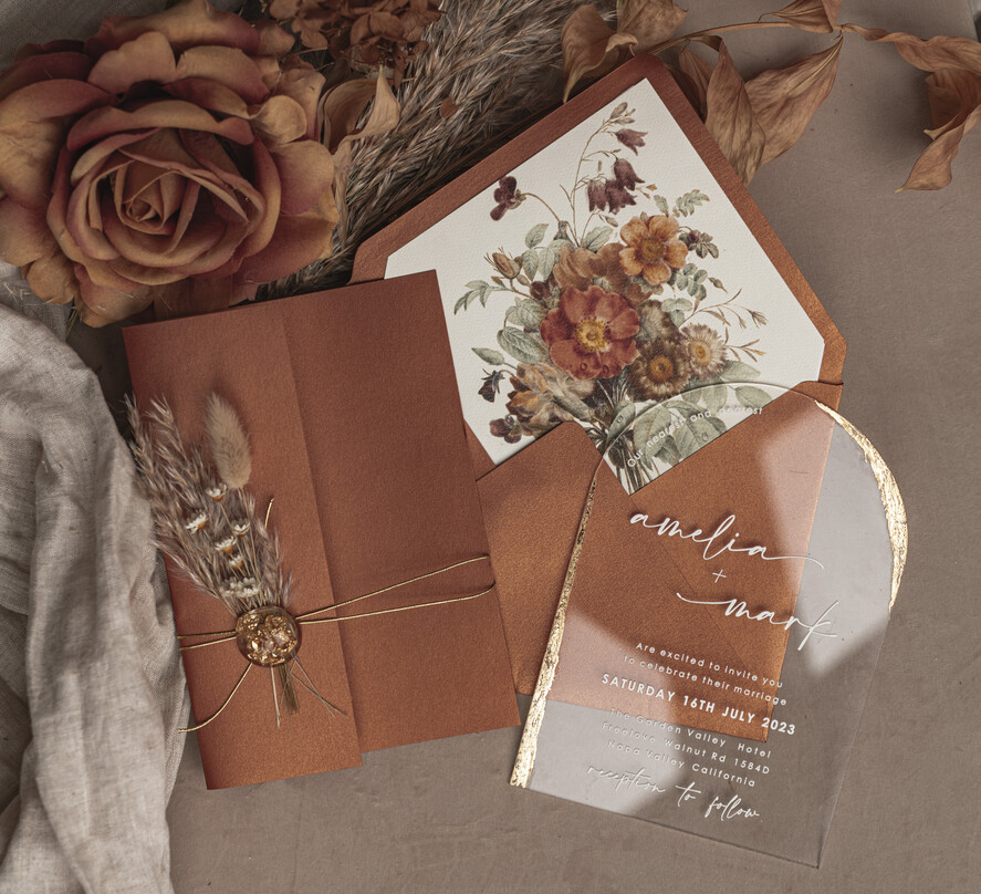 HOCHZEITS EINLADUNGEN Plexiglas Acrylspiegel Herbst Terracotta Klare Bogen Hochzeitskarten, Elegante Gartenhochzeitseinladungen im Herbst, Gebrannte Orange Acryl transparente Hochzeitskarten, Bogen Plexi Hochzeits Einladungset.