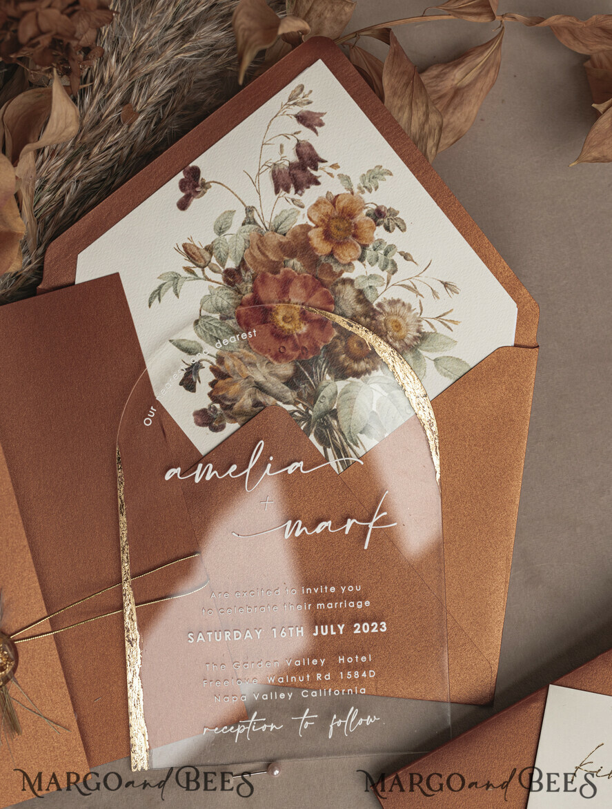 HOCHZEITS EINLADUNGEN Plexiglas Acrylspiegel Herbst Terracotta Klare Bogen Hochzeitskarten, Elegante Gartenhochzeitseinladungen im Herbst, Gebrannte Orange Acryl transparente Hochzeitskarten, Bogen Plexi Hochzeits Einladungset.