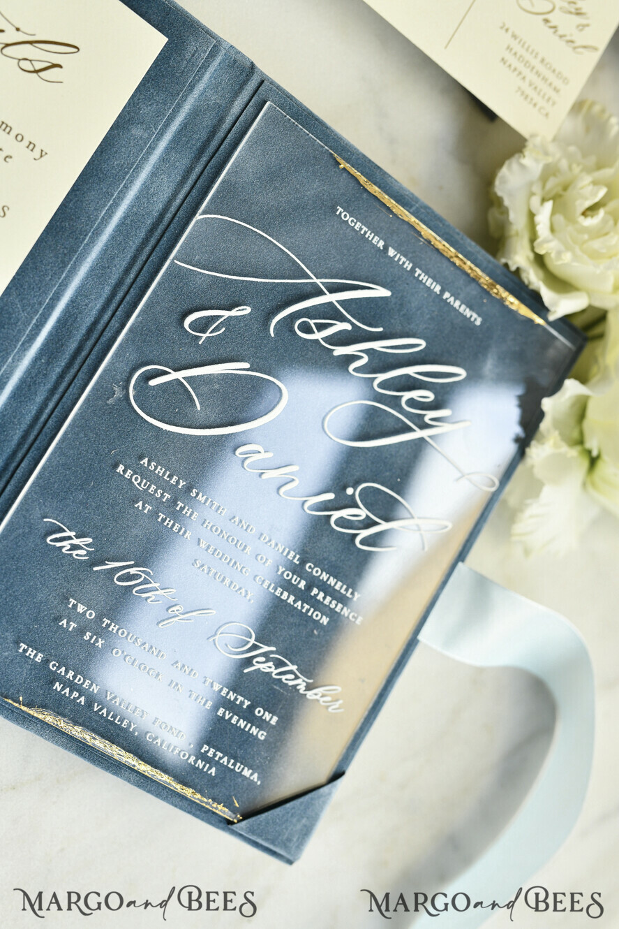 HOCHZEITS EINLADUNGEN Plexiglas Acrylspiegel Samtbezug Klar Hochzeitseinladungen, Elegante staubblaue Hochzeitseinladungen, Acryl Hochzeitseinladungen, Spiegelgold Plexi Einladungssatz