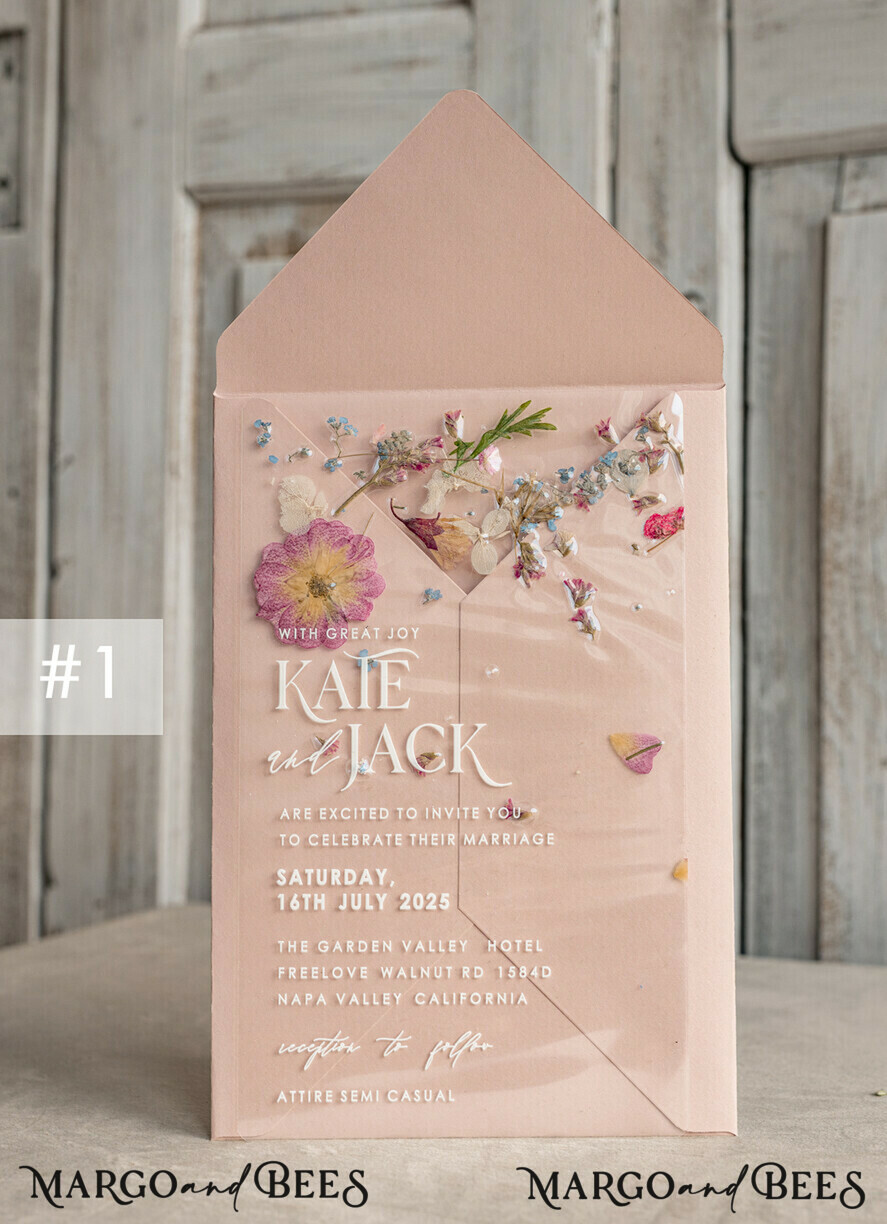 WEDDING INVITATIONS plexi acrylic mirror Blush Pink Clear real flowers Wedding Invitations, Elegant Garden  pampass gras Wedding Cards, Velvet  transparent  Wedding Invites,  Wedding Invitation Suite