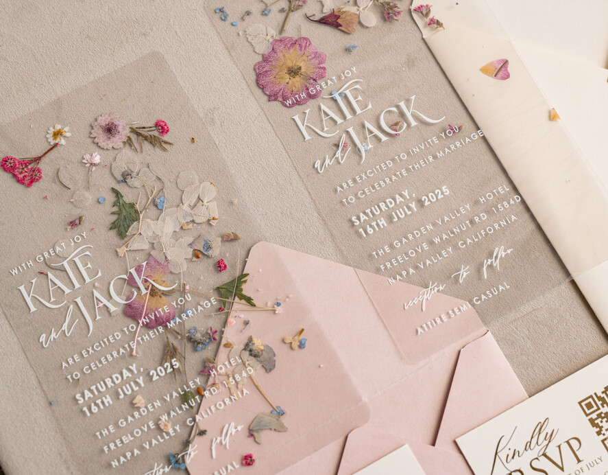 WEDDING INVITATIONS plexi acrylic mirror Blush Pink Clear real flowers Wedding Invitations, Elegant Garden  pampass gras Wedding Cards, Velvet  transparent  Wedding Invites,  Wedding Invitation Suite