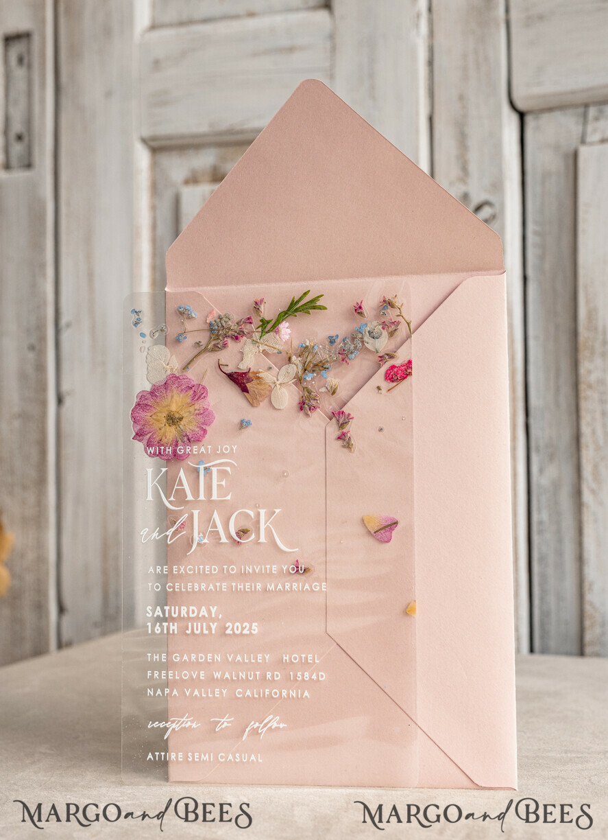 WEDDING INVITATIONS plexi acrylic mirror Blush Pink Clear real flowers Wedding Invitations, Elegant Garden  pampass gras Wedding Cards, Velvet  transparent  Wedding Invites,  Wedding Invitation Suite