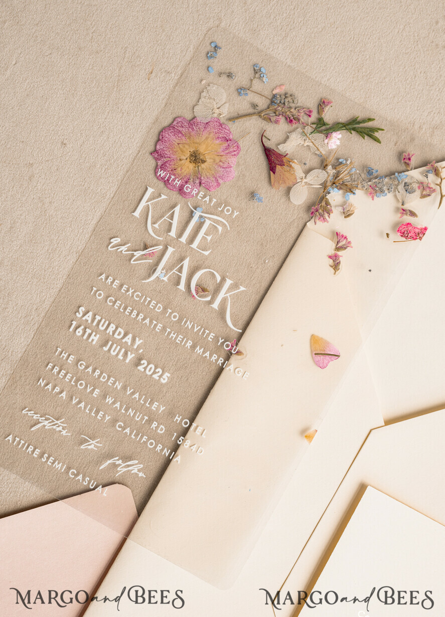 WEDDING INVITATIONS plexi acrylic mirror Blush Pink Clear real flowers Wedding Invitations, Elegant Garden  pampass gras Wedding Cards, Velvet  transparent  Wedding Invites,  Wedding Invitation Suite