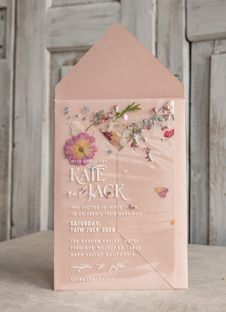 WEDDING INVITATIONS plexi acrylic mirror Blush Pink Clear real flowers Wedding Invitations, Elegant Garden  pampass gras Wedding Cards, Velvet  transparent  Wedding Invites,  Wedding Invitation Suite