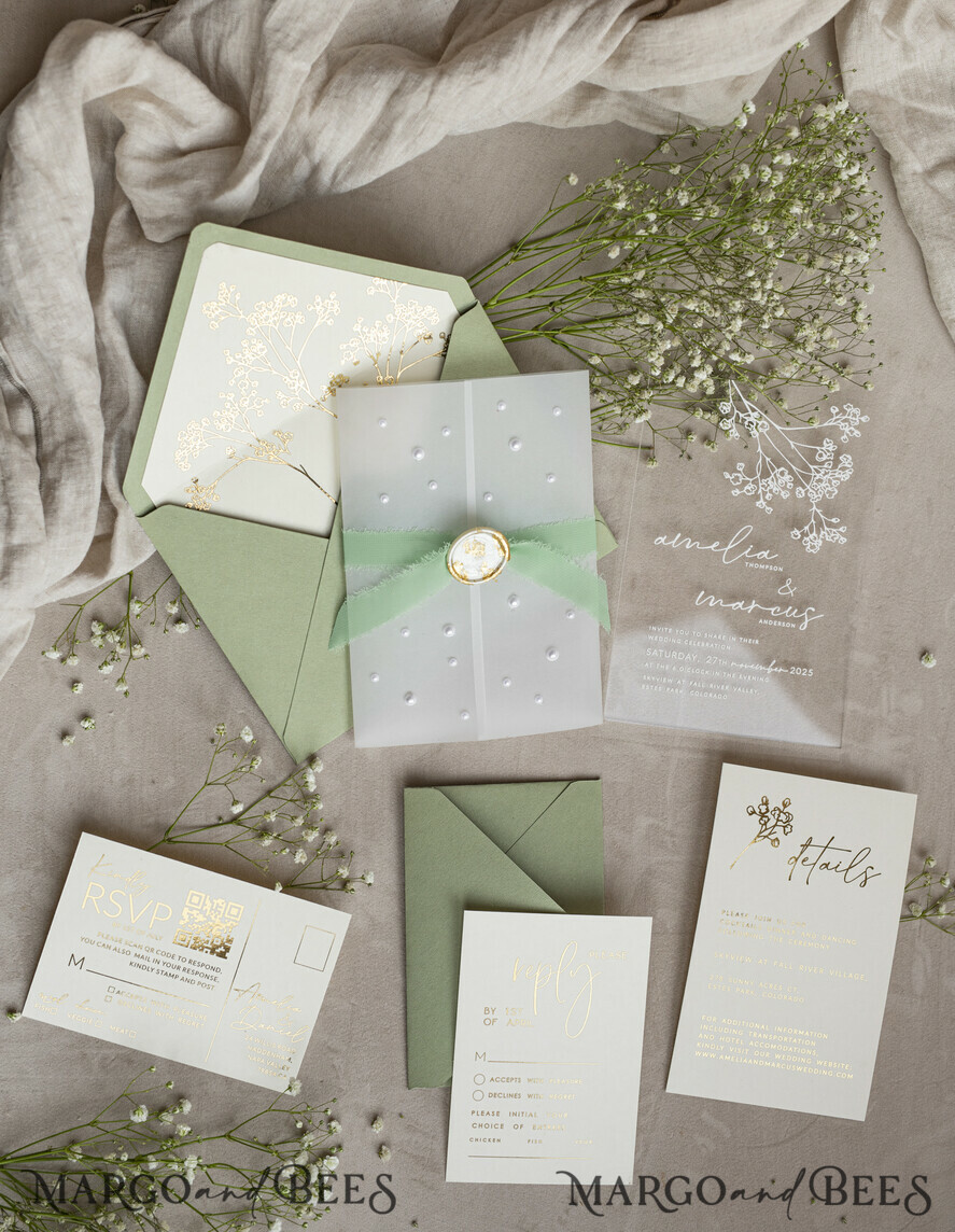 WEDDING INVITATIONS plexi acrylic mirror Sage Green Frozen Transparent Baby Breath Wedding Invitations, Elegant Garden Gypsophila Wedding Cards, Greenery Acrylic  Wedding Invites, Clear Plexi Wedding Invitation Suite