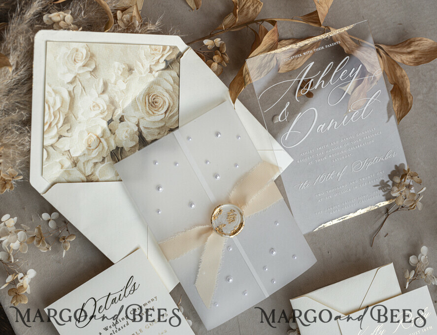 WEDDING INVITATIONS plexi acrylic mirror Ivory Beaded Wrapping Wedding Invitations, Elegant Clear Acrylic Wedding Cards, Plexi Transparent Wedding Invites, Wedding Invitation Suite with Pearls