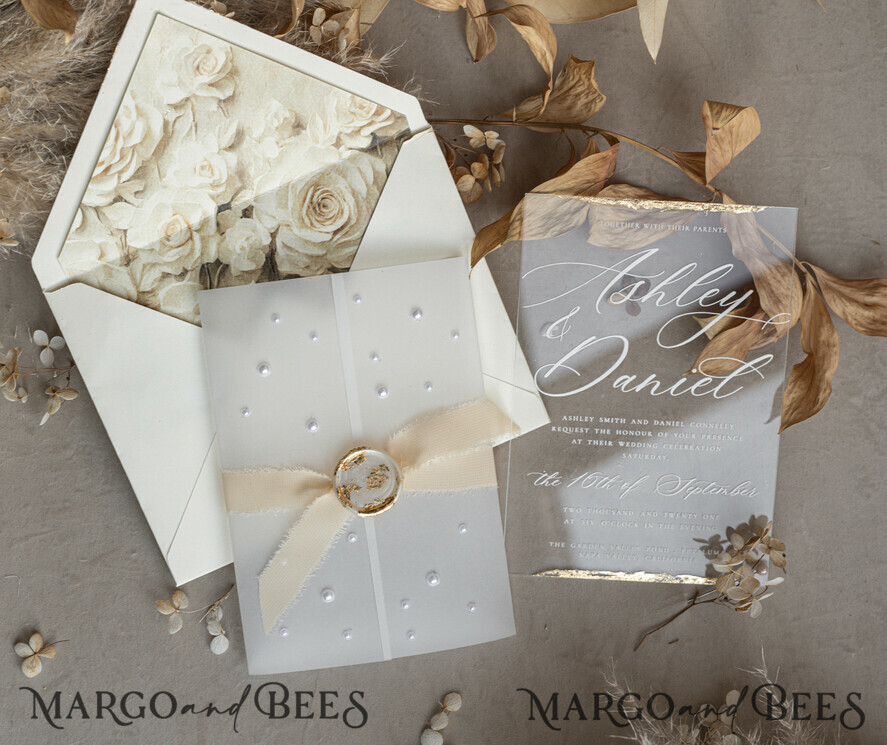 WEDDING INVITATIONS plexi acrylic mirror Ivory Beaded Wrapping Wedding Invitations, Elegant Clear Acrylic Wedding Cards, Plexi Transparent Wedding Invites, Wedding Invitation Suite with Pearls