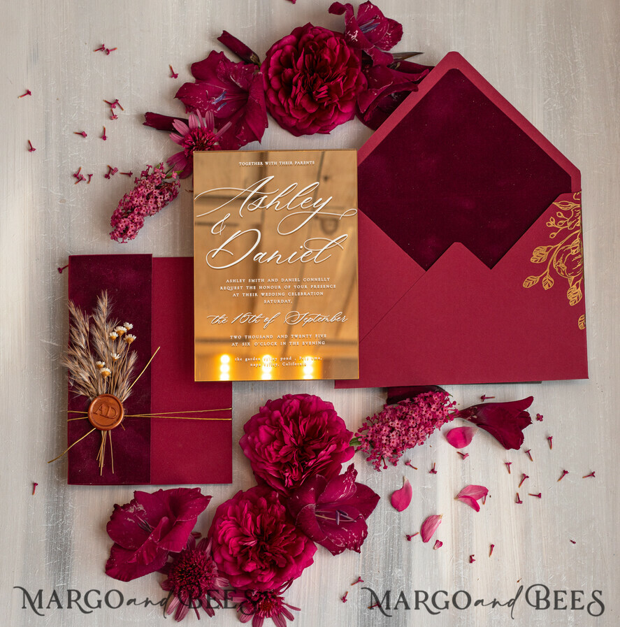 HOCHZEITS EINLADUNGEN Plexiglas Acrylspiegel Burgunder Spiegel Gold Hochzeitseinladungen, elegante Gartenhochzeitskarten, kastanienbraune Acrylhochzeitseinladungen, Pampasgras Gold Plexi Hochzeitseinladung Suite