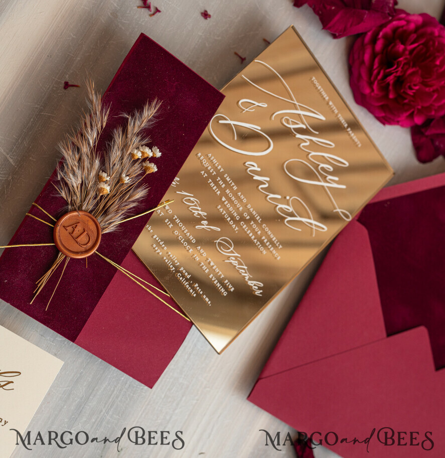 HOCHZEITS EINLADUNGEN Plexiglas Acrylspiegel Burgunder Spiegel Gold Hochzeitseinladungen, elegante Gartenhochzeitskarten, kastanienbraune Acrylhochzeitseinladungen, Pampasgras Gold Plexi Hochzeitseinladung Suite