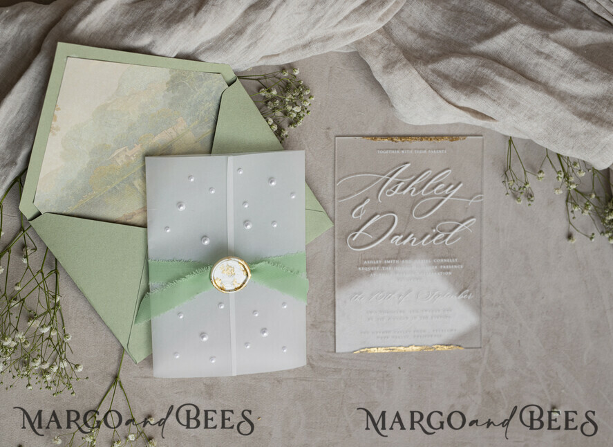 WEDDING INVITATIONS plexi acrylic mirror Ivory Beaded Wrapping Wedding Invitations, Elegant Clear Acrylic Wedding Cards, Plexi Transparent Wedding Invites, Wedding Invitation Suite with Pearls