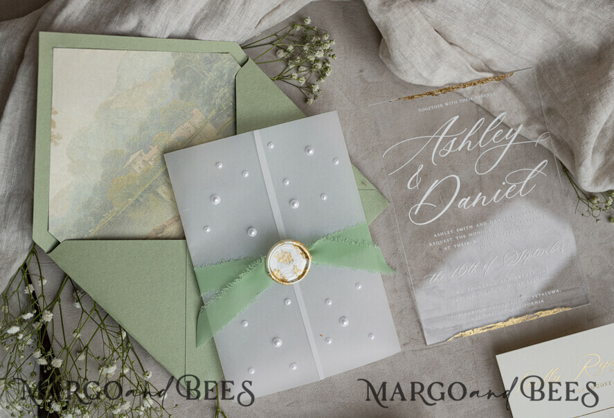 WEDDING INVITATIONS plexi acrylic mirror Ivory Beaded Wrapping Wedding Invitations, Elegant Clear Acrylic Wedding Cards, Plexi Transparent Wedding Invites, Wedding Invitation Suite with Pearls