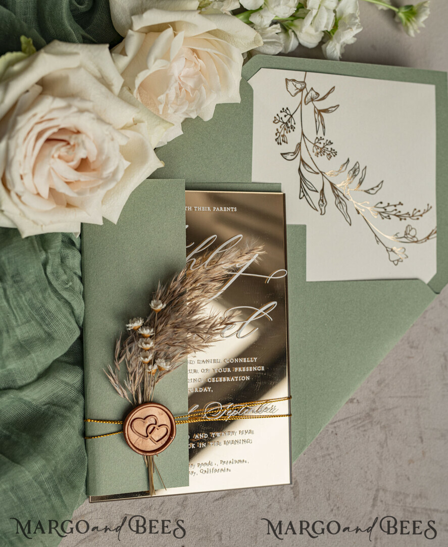 WEDDING INVITATIONS plexi acrylic mirror Sage Green Mirror gold Wedding Invitations, Elegant Garden Wedding Cards, Greenery Acrylic  Wedding Invites, Mirror Gold Plexi Wedding Invitation Suite