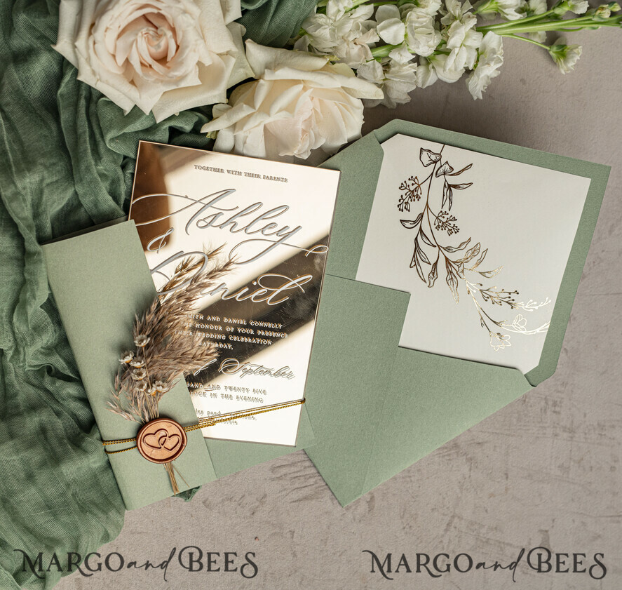 WEDDING INVITATIONS plexi acrylic mirror Sage Green Mirror gold Wedding Invitations, Elegant Garden Wedding Cards, Greenery Acrylic  Wedding Invites, Mirror Gold Plexi Wedding Invitation Suite