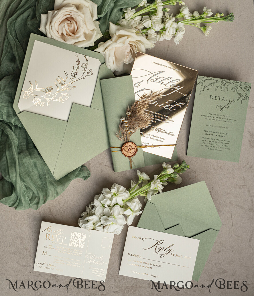 WEDDING INVITATIONS plexi acrylic mirror Sage Green Mirror gold Wedding Invitations, Elegant Garden Wedding Cards, Greenery Acrylic  Wedding Invites, Mirror Gold Plexi Wedding Invitation Suite
