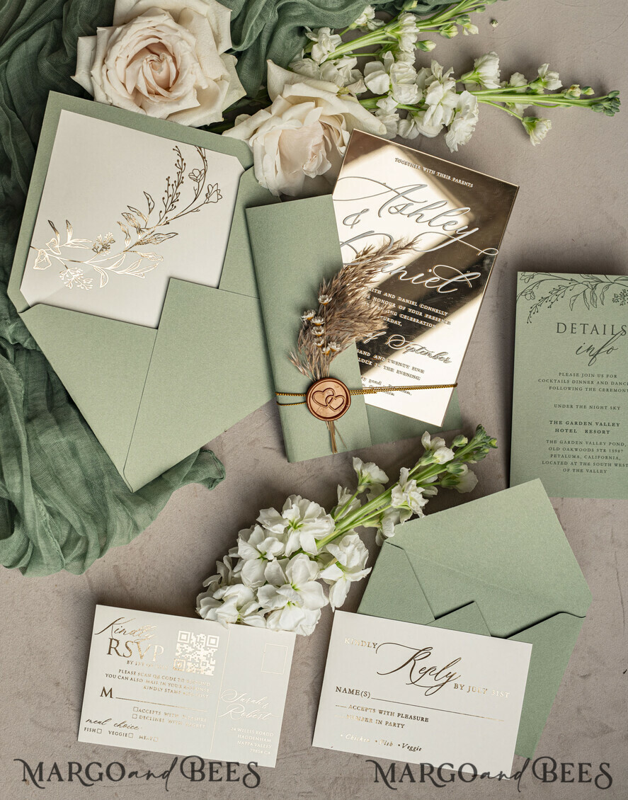WEDDING INVITATIONS plexi acrylic mirror Sage Green Mirror gold Wedding Invitations, Elegant Garden Wedding Cards, Greenery Acrylic  Wedding Invites, Mirror Gold Plexi Wedding Invitation Suite