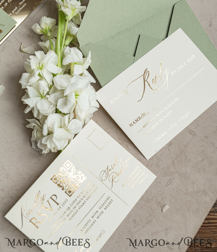 WEDDING INVITATIONS plexi acrylic mirror Sage Green Mirror gold Wedding Invitations, Elegant Garden Wedding Cards, Greenery Acrylic  Wedding Invites, Mirror Gold Plexi Wedding Invitation Suite