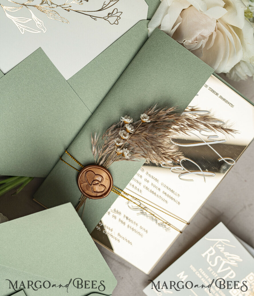 WEDDING INVITATIONS plexi acrylic mirror Sage Green Mirror gold Wedding Invitations, Elegant Garden Wedding Cards, Greenery Acrylic  Wedding Invites, Mirror Gold Plexi Wedding Invitation Suite