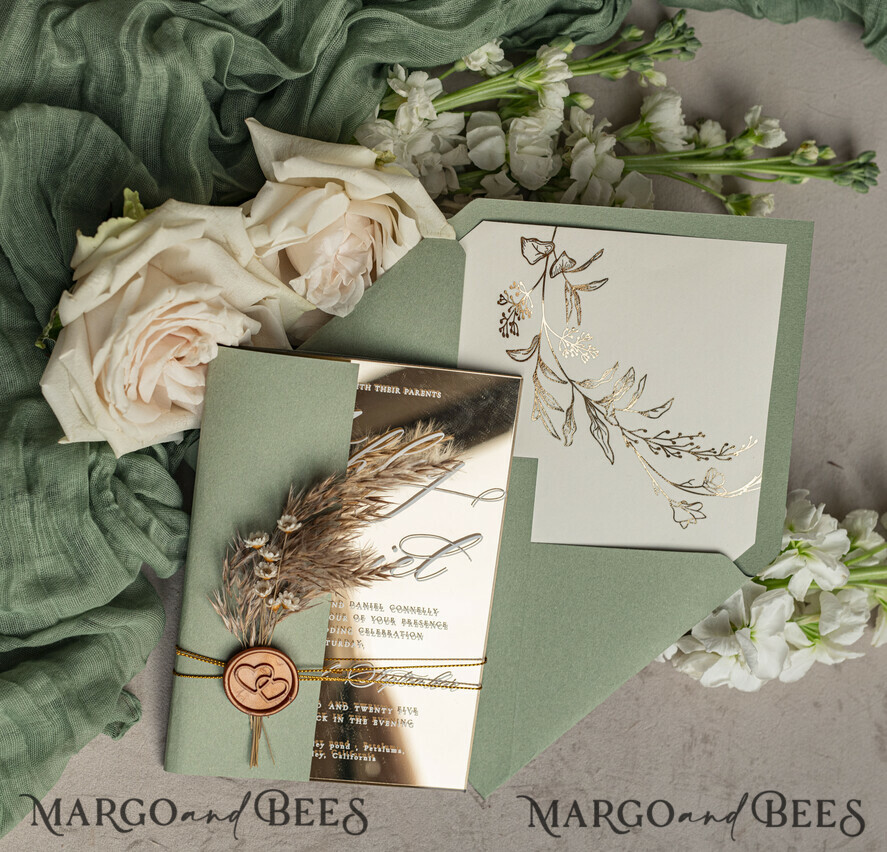 WEDDING INVITATIONS plexi acrylic mirror Sage Green Mirror gold Wedding Invitations, Elegant Garden Wedding Cards, Greenery Acrylic  Wedding Invites, Mirror Gold Plexi Wedding Invitation Suite