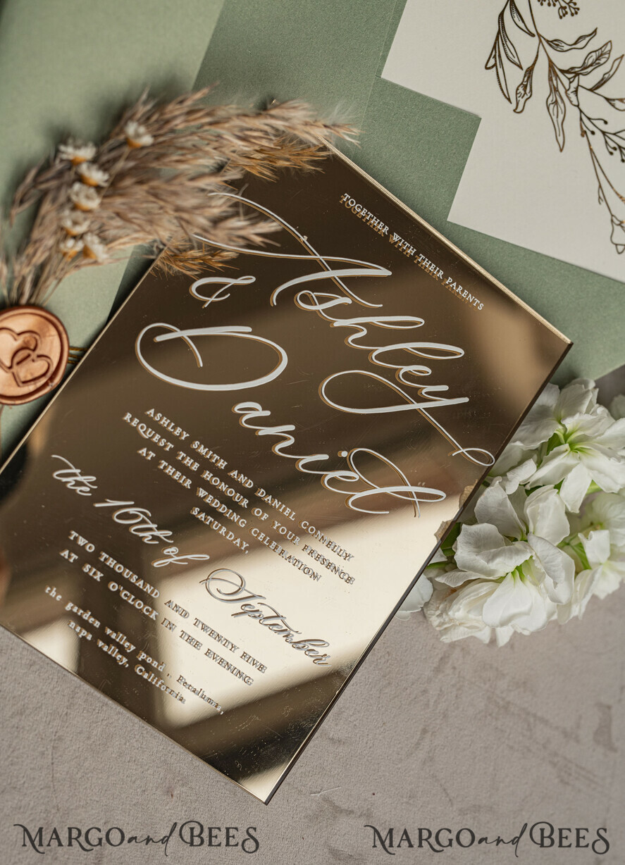 WEDDING INVITATIONS plexi acrylic mirror Sage Green Mirror gold Wedding Invitations, Elegant Garden Wedding Cards, Greenery Acrylic  Wedding Invites, Mirror Gold Plexi Wedding Invitation Suite