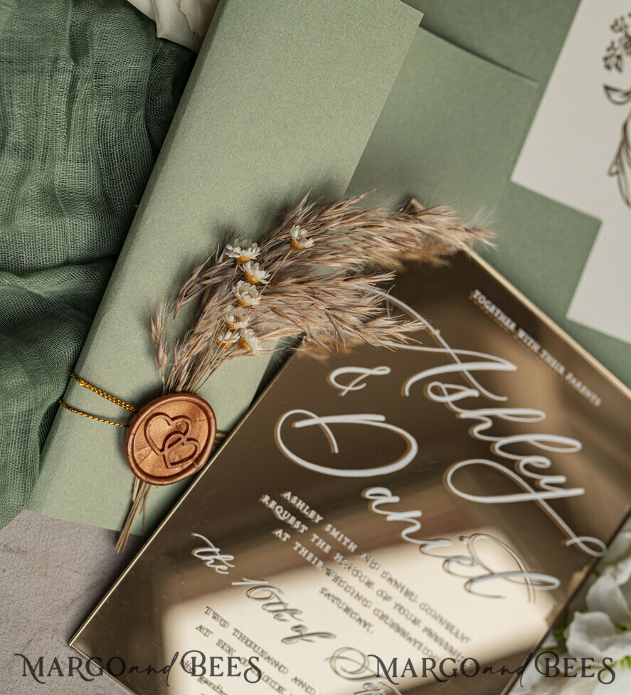 WEDDING INVITATIONS plexi acrylic mirror Sage Green Mirror gold Wedding Invitations, Elegant Garden Wedding Cards, Greenery Acrylic  Wedding Invites, Mirror Gold Plexi Wedding Invitation Suite