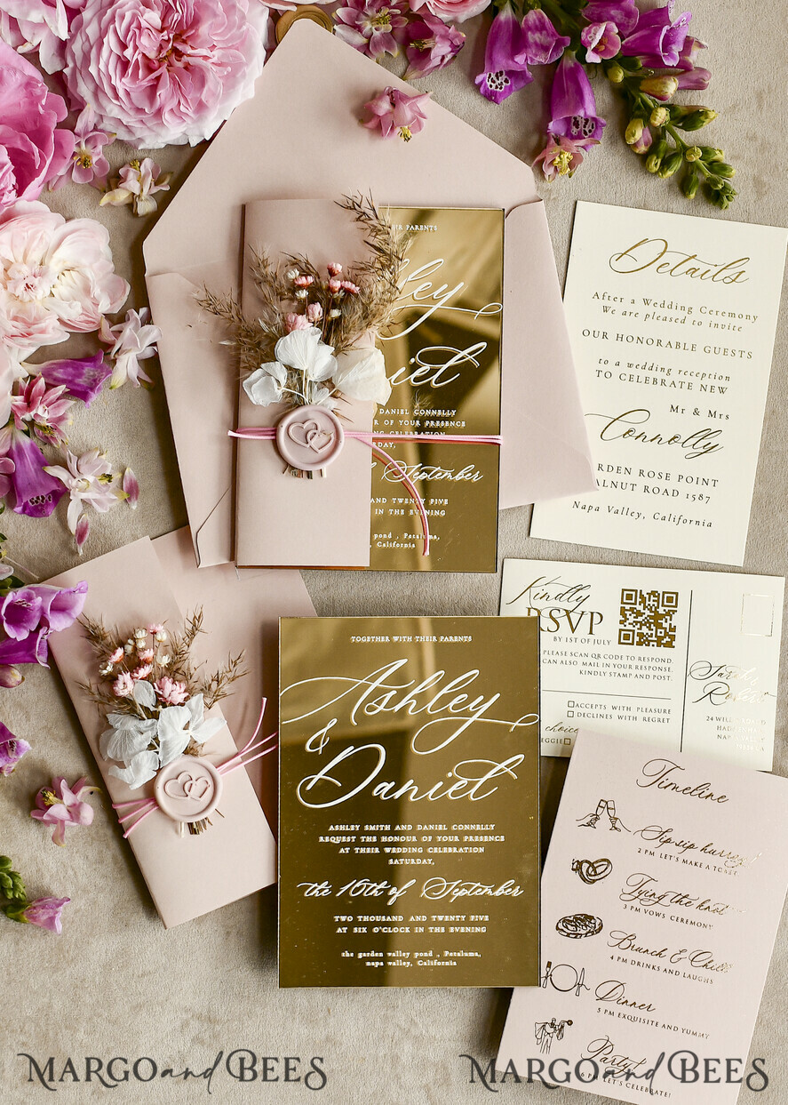 HOCHZEITS EINLADUNGEN Plexiglas Acrylspiegel Gold Spiegel Acryl Hochzeitseinladungen – Luxuriöse Plexiglas Hochzeitseinladung Suite mit Wachssiegel & QR RSVP